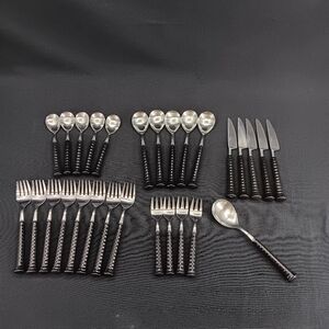 Noritake Primastone Black Flatware Set 28 pc 18/8 Stainless & Ceramic READ